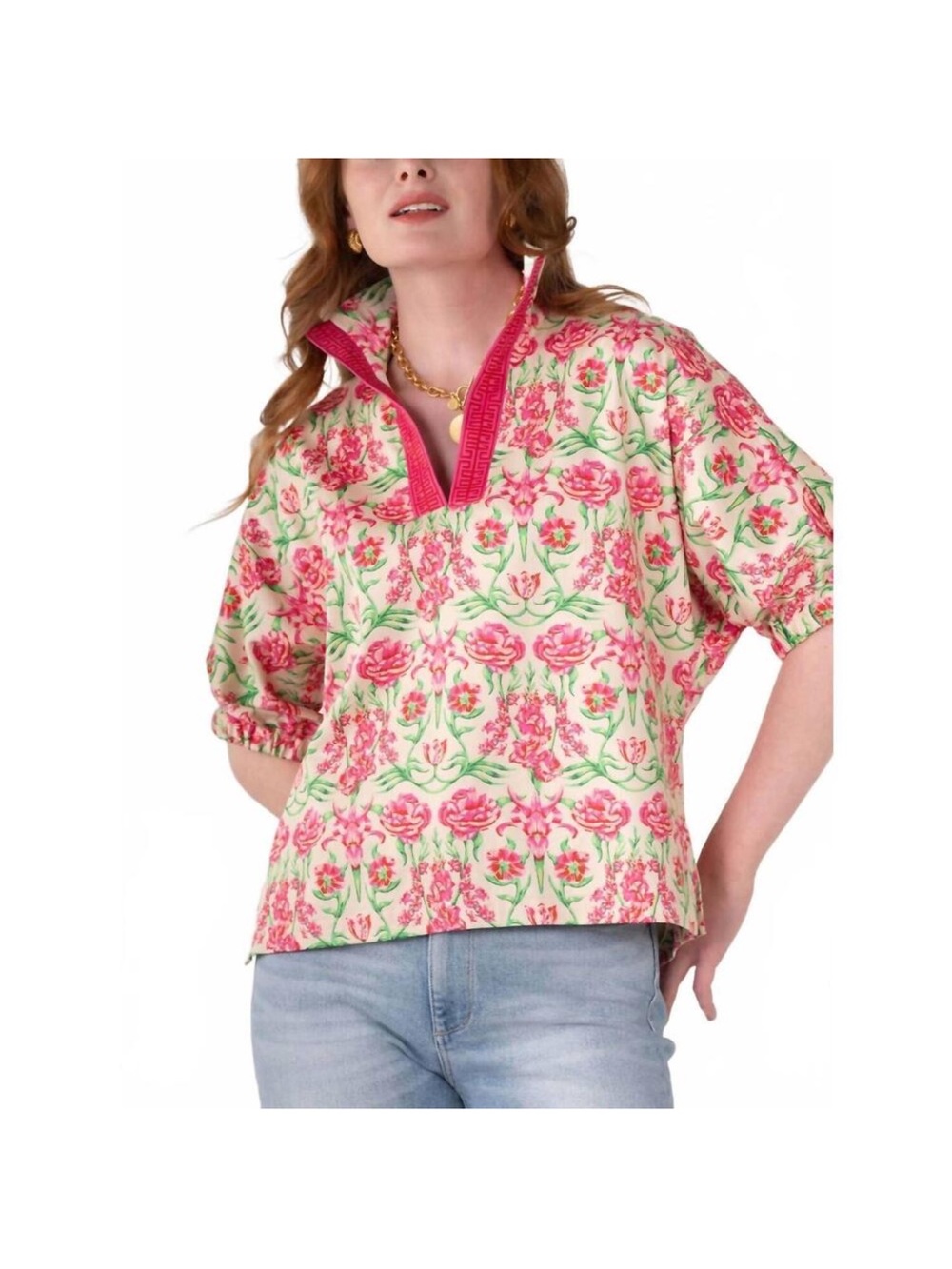 Emily McCarthy Floral Popover Blouse in Pink & Cream with Contrast Trim NWOT